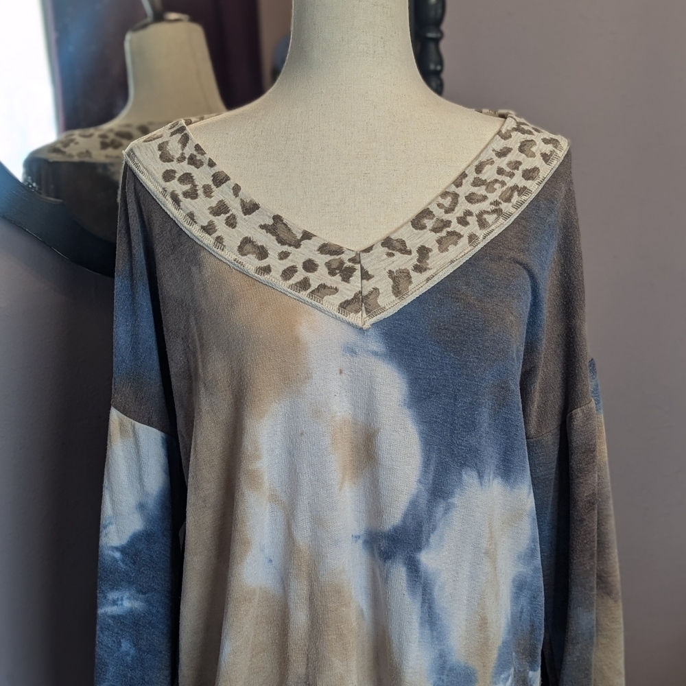 Leopard Trim Tie-Dye Women's Top